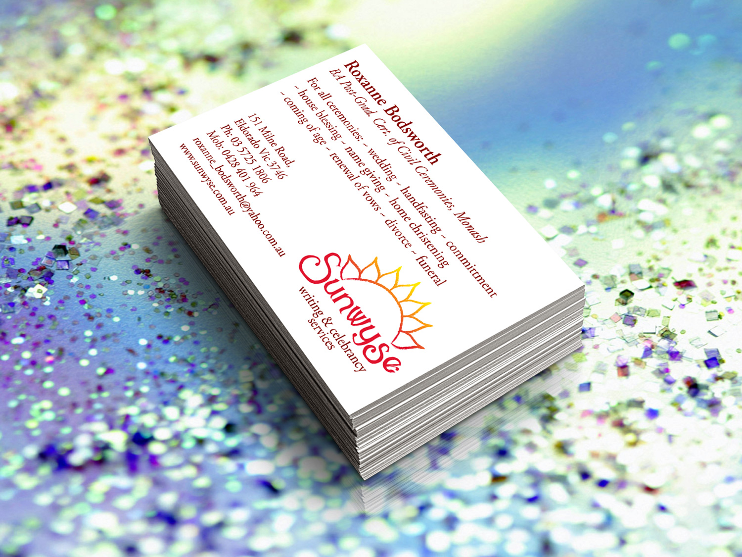 Sunwyse Writing & Celebrancy Services Business Cards – Purple Possum Design – Graphic Design Wangaratta